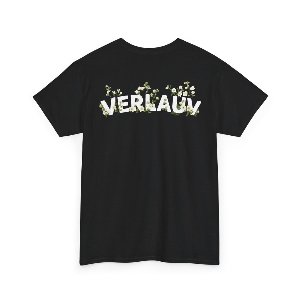 Black t-shirt with 'VERLAUV' printed on the back against a white background