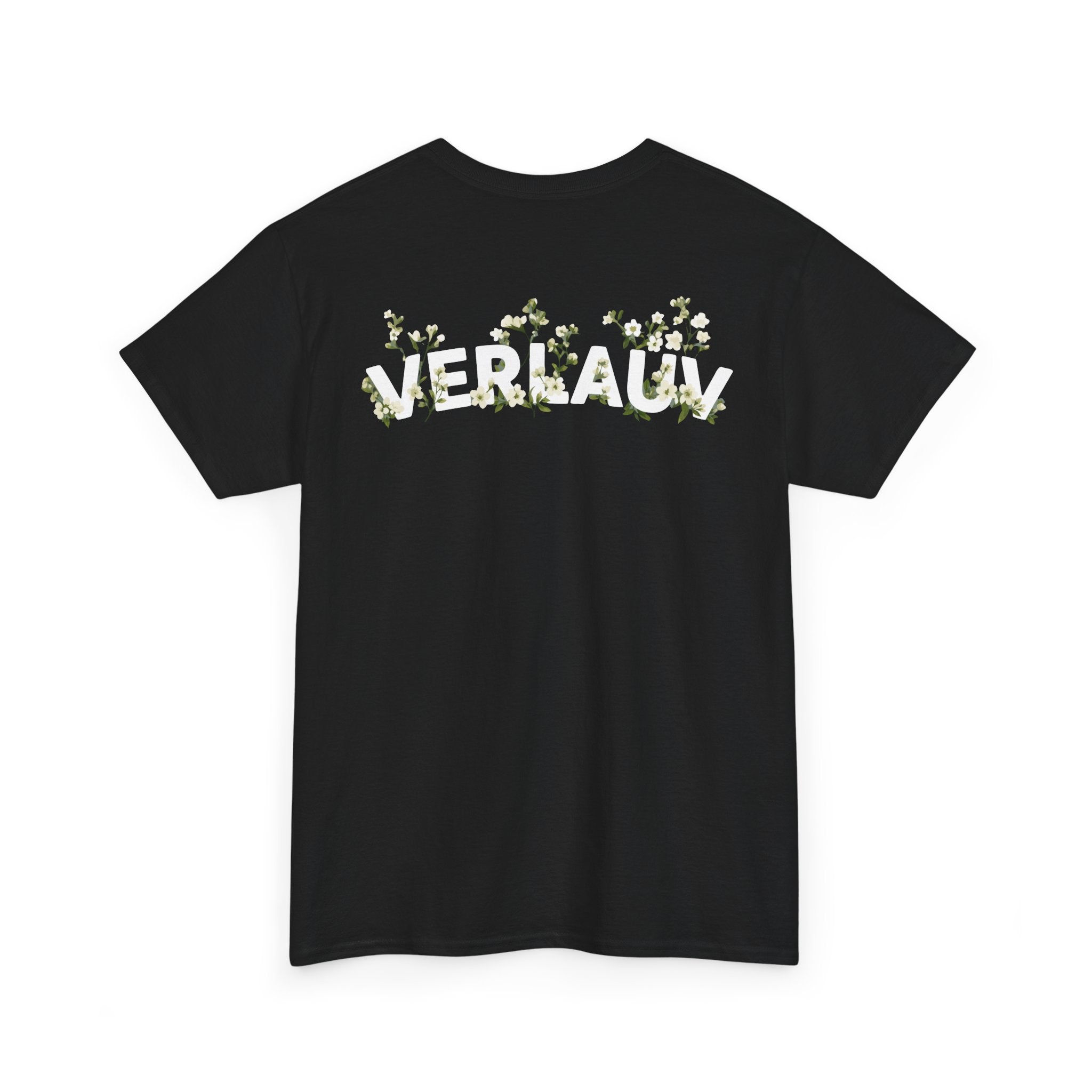Black t-shirt with 'VERLAUV' printed on the back against a white background