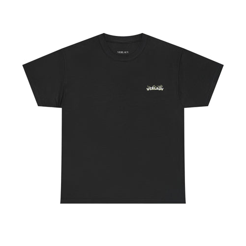 Black t-shirt with a small white logo on a white background
