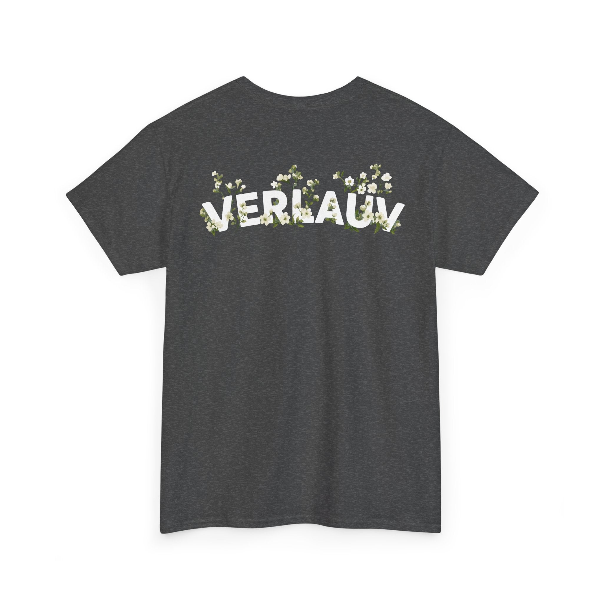 Gray t-shirt with 'VERLAUV' printed on the back against a white background