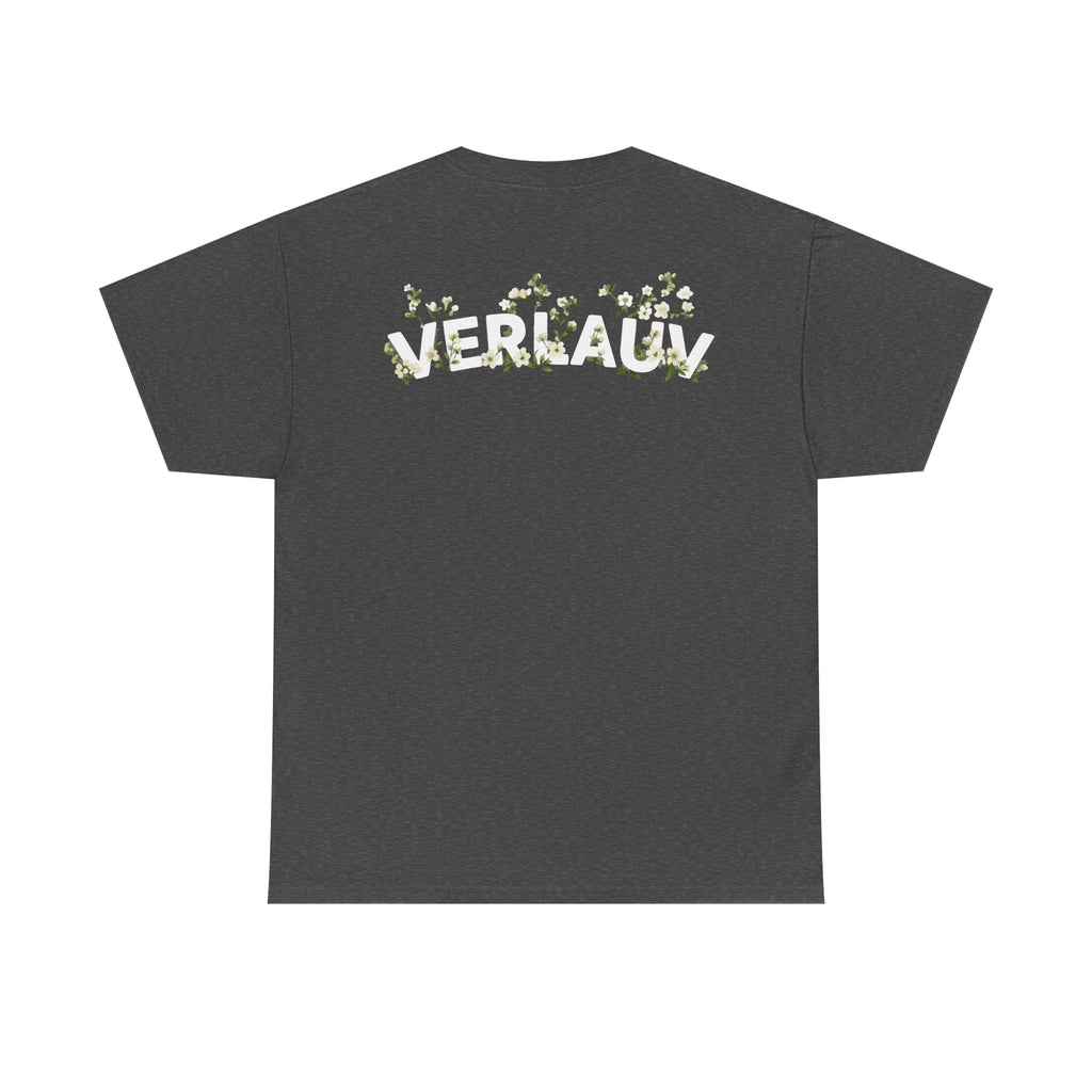 Grey t-shirt with 'VERLAUV' printed on the back against a white background