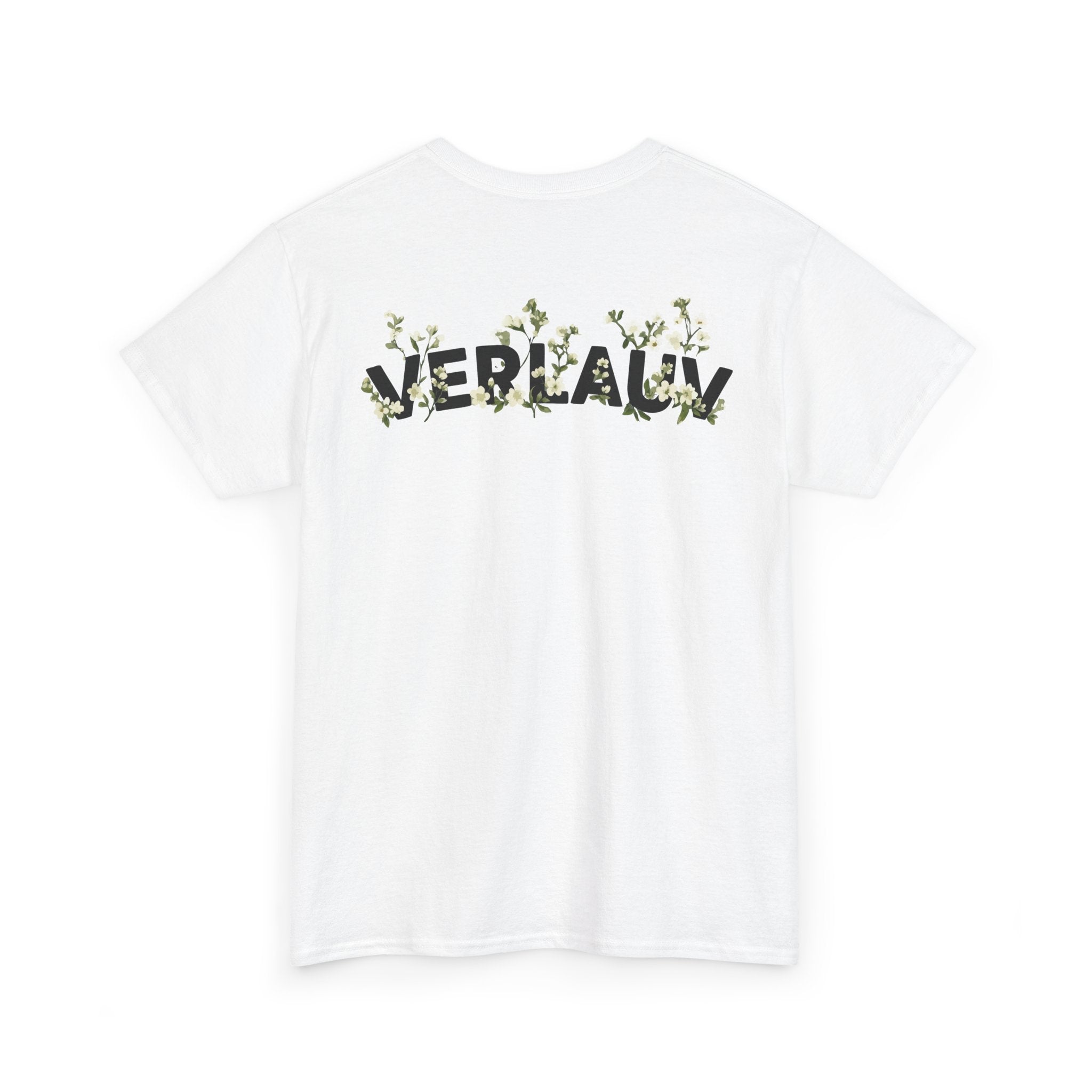 White t-shirt with 'VERLAUV' logo on a white background