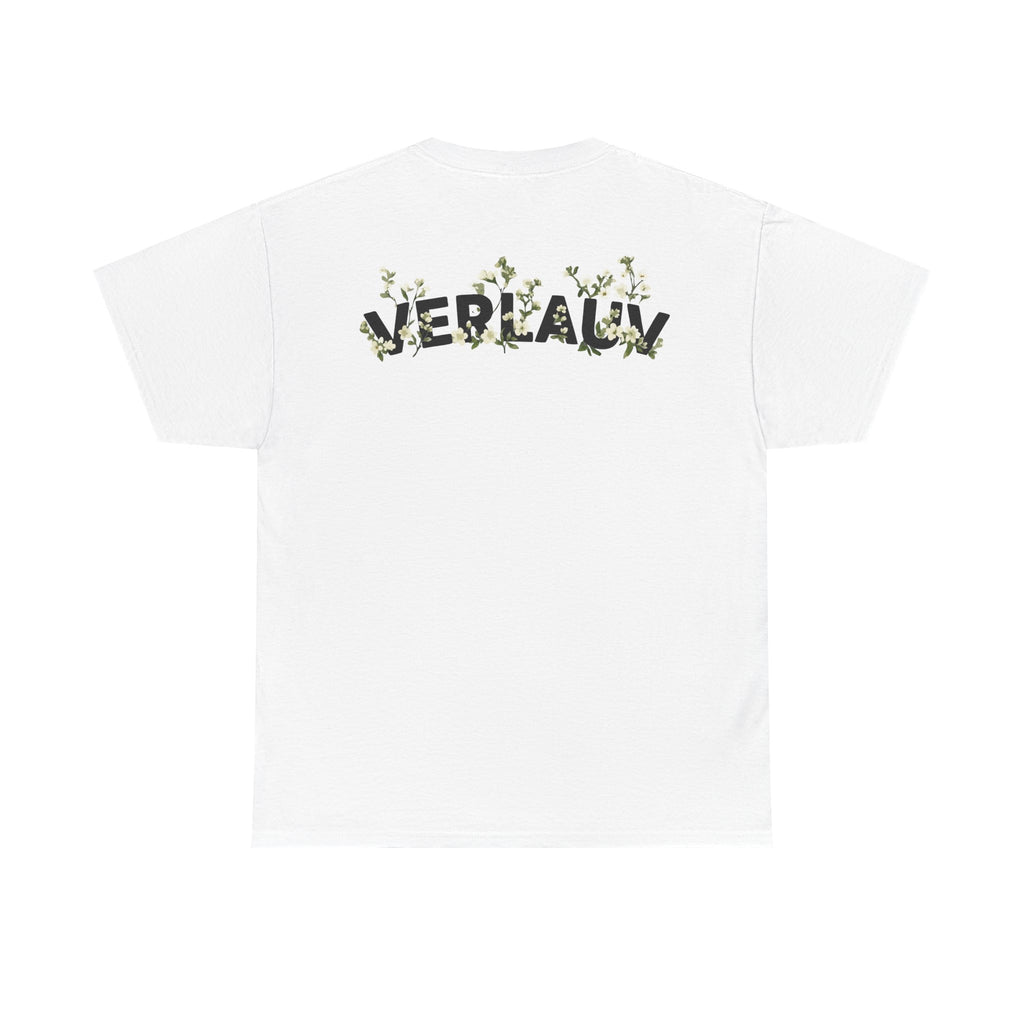 White t-shirt with 'VERLAAU' text and floral design on a white background