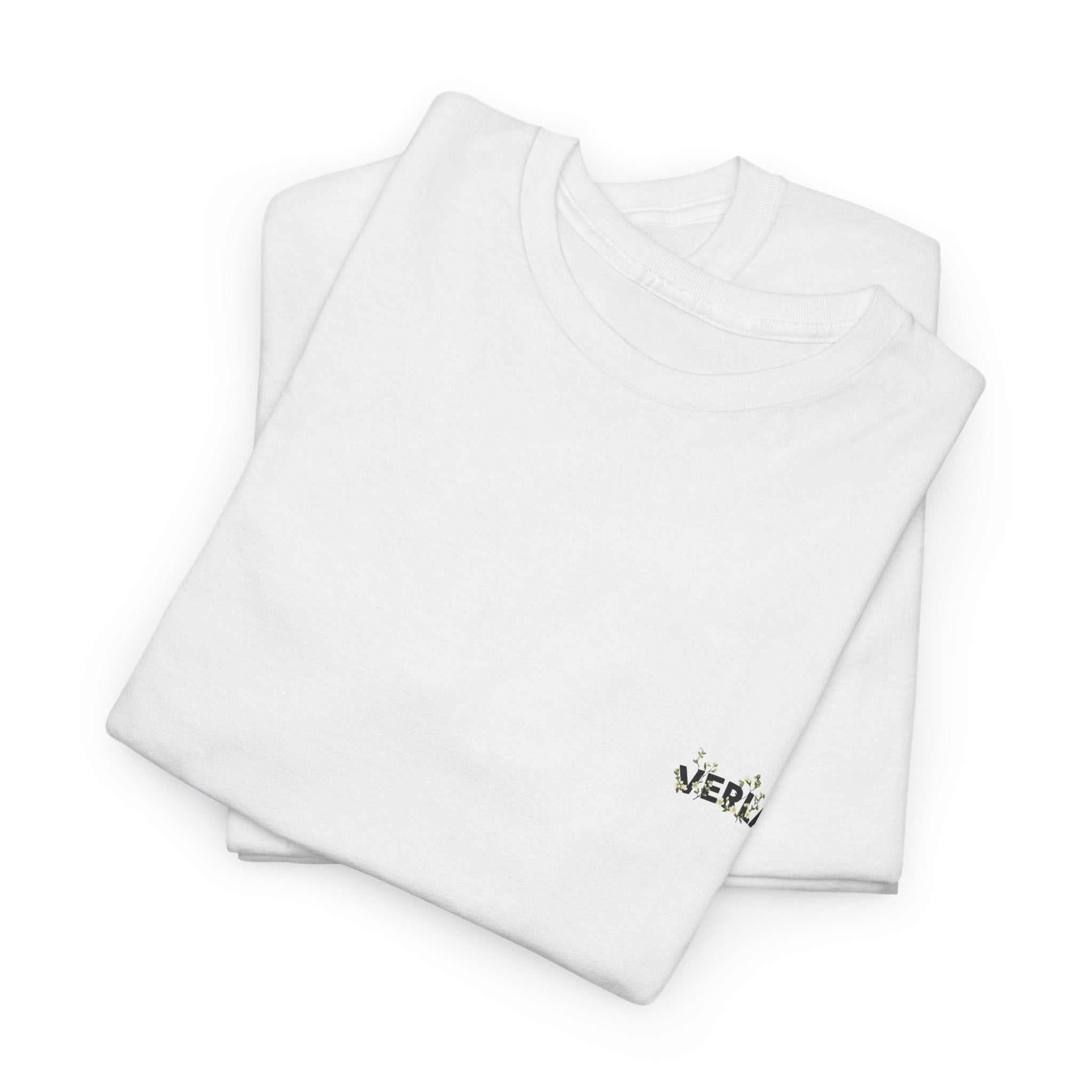 Folded white t-shirt with a logo on a white background
