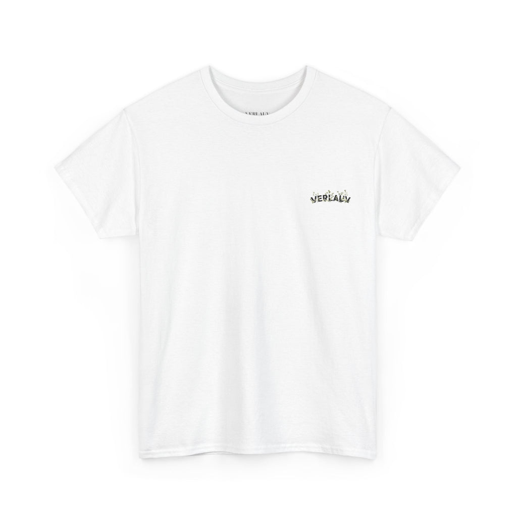 White t-shirt with a small logo on a white background