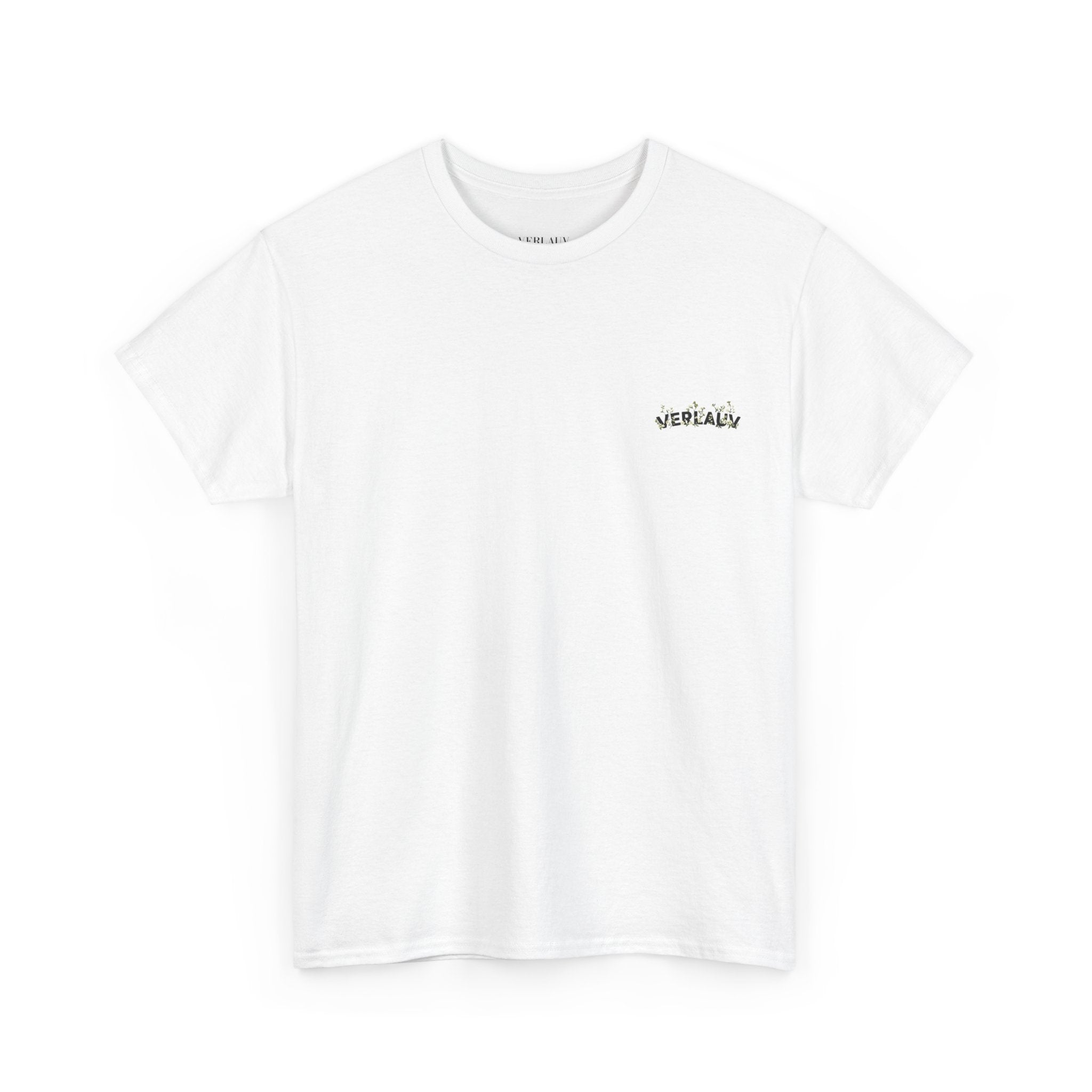 White t-shirt with a small logo on a white background