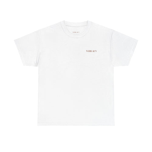 White t-shirt with a small logo on a white background
